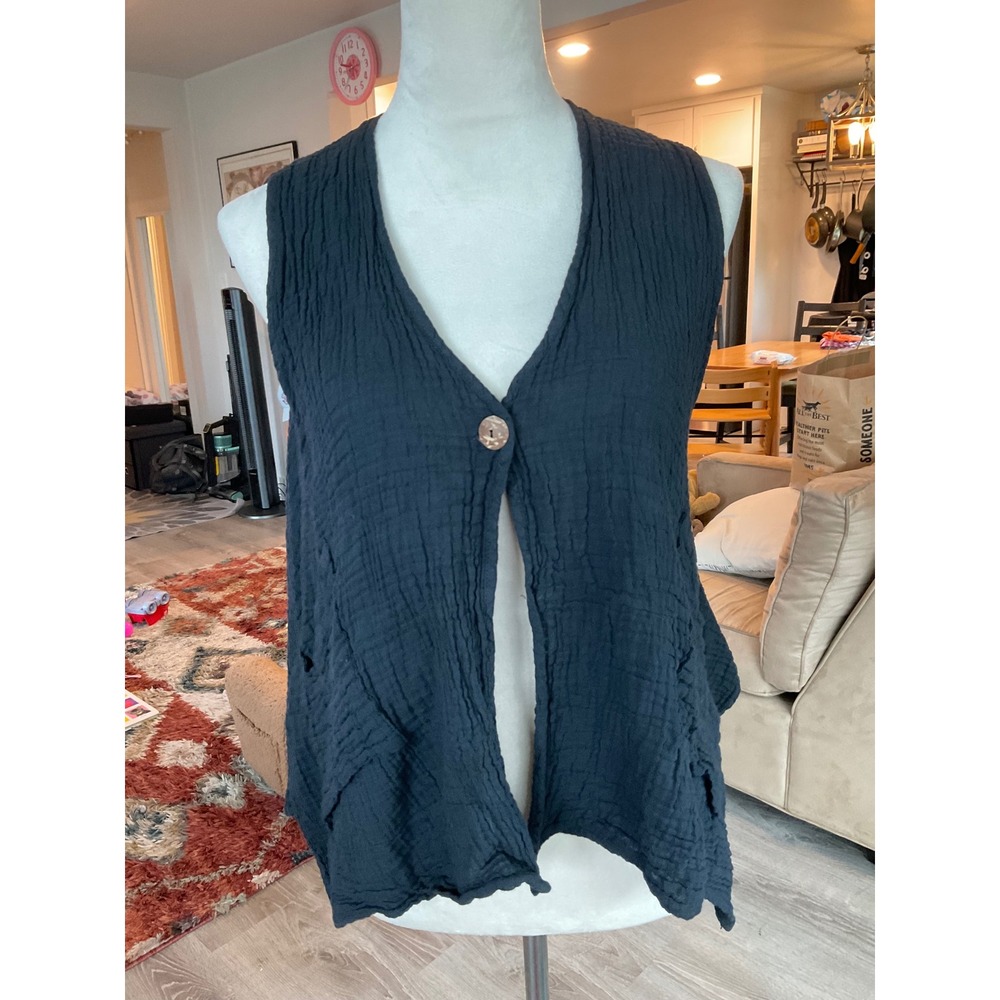 Caravan Gallery Black Gauze Cotton Vest Lagenlook Boho Hippie Scandi Top OS